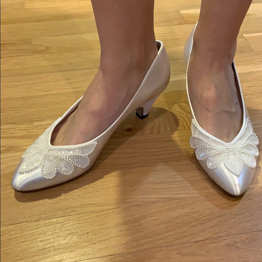 Satin embellished slip on wedding shoes